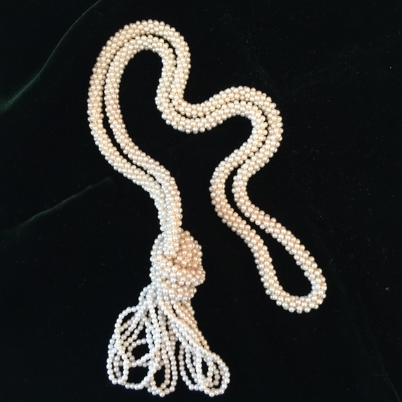 VINTAGE Faux Pearl Long woven rope Lariat necklace - Picture 2 of 4